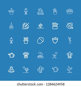 Editable 25 botanical icons for web and mobile. Set of botanical included icons line Sprout, Watering can, Cactus, Botanical, Terrarium, Lawn, Fern, Acorn, Monstera leaf on blue background