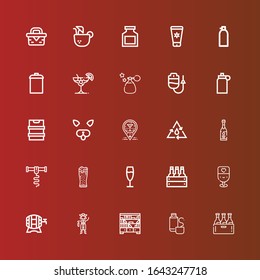 Editable 25 bottle icons for web and mobile. Set of bottle included icons line Beer, Thermos, Shelves, Pirate, Champagne, Corkscrew, Water, Bar, Filter, Isotonic, Dropper on red