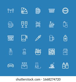 Editable 25 bottle icons for web and mobile. Set of bottle included icons line Sauces, Picnic, Oxygen, Beer, Gym, Milk, Graffiti, Salt, Soap, Sun cream, Pipette on blue background