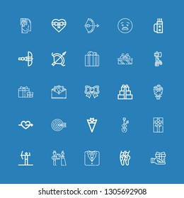 Editable 25 bow icons for web and mobile. Set of bow included icons line Gift, Ballet, Tuxedo, Wedding, Archery, Gift box, Violin, Bouquet, Cupid, Bow, Greeting card on blue background
