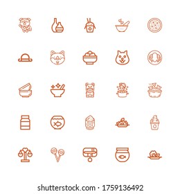 Editable 25 bowl icons for web and mobile. Set of bowl included icons line Salad, Fish bowl, Collar, Rattles, Balance, Frozen yogurt, Rice, Mayonnaise, Nachos on white background
