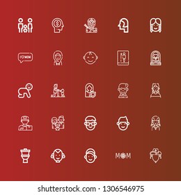 Editable 25 boy icons for web and mobile. Set of boy included icons line Cowboy hat, Mom, Girl, Man, Toilet, Student, Family, Delivery man, Boy, Woman, Fatherhood, Baby on red