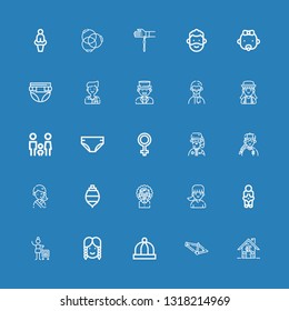 Editable 25 boy icons for web and mobile. Set of boy included icons line Fraternity, Bmx, Baby hat, Girl, Woman, Venus, Spinning top, Man, Park ranger, Diaper on blue background