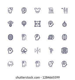 Editable 25 brain icons for web and mobile. Set of brain included icons line Mind, Imagination, Anxiety, Storm, Artificial intelligence, Scientist, Reflect on white background
