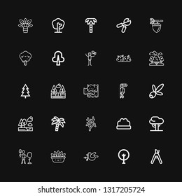 Editable 25 branch icons for web and mobile. Set of branch included icons line Pruning shears, Tree, Dove, Fern, Reforestation, Bush, Coral, Coconut tree, Trees on black background
