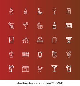 Editable 25 brandy icons for web and mobile. Set of brandy included icons line Drink, Cocktail, Martini, Pub, Beverage, Hip flask, Alcoholic drink, Bar, Rum, Vodka, Wine glass on red