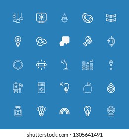 Editable 25 bright icons for web and mobile. Set of bright included icons line Tesla ball, Idea, Rainbow, Creativity, Drops, Drop, Apple, Matches, Artist, Torch on blue background