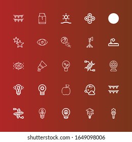 Editable 25 Bright Icons For Web And Mobile. Set Of Bright Included Icons Line Torch, Bulb, Idea, Light, Dna, Garlands, Full Moon, Apple, Lightbulb, Creativity, Tesla Ball On Red