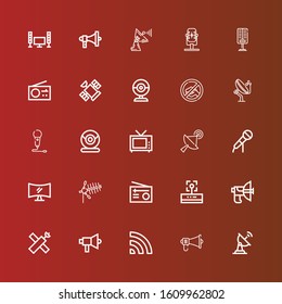 Editable 25 broadcast icons for web and mobile. Set of broadcast included icons line Satellite dish, Megaphone, Wifi, Satellite, Parabolic, Radio, Antenna, Television, Microphone on red