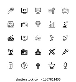 Editable 25 broadcast icons for web and mobile. Set of broadcast included icons line Microphone, Satellite dish, Radio, Wifi, Satellite, Television, Antenna on white background
