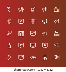 Bearbeitbar 25 Broadcast-Icons für Web und Mobile. Satz der Sendung enthält Symbole Zeile Megaphone, Nachrichtenreporter, Fernsehen, Fernseher, Fernseher, Turm, Verstärker, Satellitenschüssel, Voice-Recorder auf Rot
