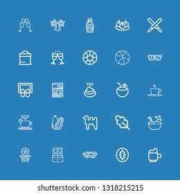 Editable 25 brown icons for web and mobile. Set of brown included icons line Cup, Sourdough, Glasses, Chocolate, Basketball, Coconut, Oak leaf, Camel, Coffee cup on blue background