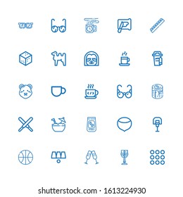 Editable 25 brown icons for web and mobile. Set of brown included icons line Caramel, Cup, Glasses, Cups, Basketball, Hazelnut, Coffee beans, Coconut, Chocolate on white background