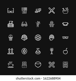 Editable 25 brown icons for web and mobile. Set of brown included icons line Bookcase, Wooden spoon, Hazelnut, Chocolate, Coffee cup, Coconut, Cup, Poo, Sourdough on black background