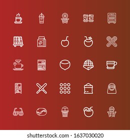 Editable 25 brown icons for web and mobile. Set of brown included icons line Basketball, Coconut, Coffee bean, Glasses, Sloth, Sugar, Caramel, Chocolate, Bookcase, Cup on red