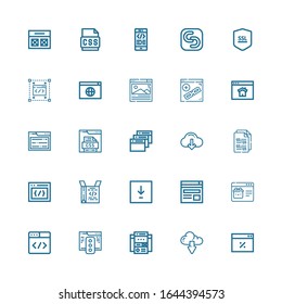 Editable 25 browser icons for web and mobile. Set of browser included icons line Browser, Download, Web site, Web page, Coding, Css, Homepage, Ssl, Safecopy backup on white background