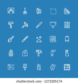 Editable 25 brush icons for web and mobile. Set of brush included icons line Clean window, Perfume, Toothpaste, Paint brush, Photoshop, Cleaning spray, Pen on blue background