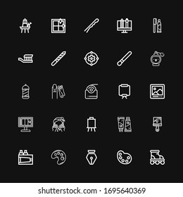 Editable 25 brush icons for web and mobile. Set of brush included icons line Roller, Palette, Pen, Paint, Paint brush, Paint tube, Canvas, Washing, Design on black background