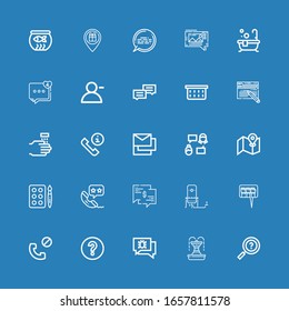Editable 25 bubble icons for web and mobile. Set of bubble included icons line Information, Fountain, Chat, Question mark, Phone call, Question, Oxygen, Watercolor on blue background
