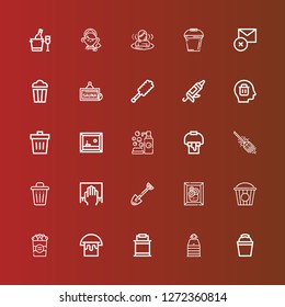 Editable 25 bucket icons for web and mobile. Set of bucket included icons line Bucket, Sauna, Paint bucket, Popcorn, Painting, Spade, Cleaning, Trash, Broom, Delete, Caulk gun on red