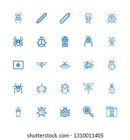 Editable 25 bug icons for web and mobile. Set of bug included icons line Virus, Virus search, Ladybug, Frappe, Ant, Dragonfly, Beetle, Spider, Bug, Moth, Spam on white background