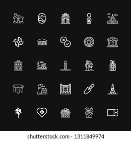 Editable 25 building icons for web and mobile. Set of building included icons line Crop, Windmill, Barn, Hospital, Eiffel tower, Scraper, Hydro power, Nuclear plant on black background