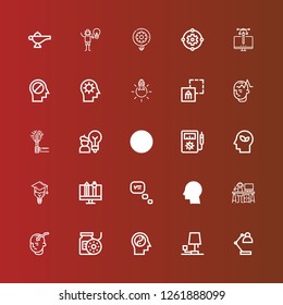 Editable 25 bulb icons for web and mobile. Set of bulb included icons line Desk lamp, Lamp, Mind, Filament, Graphic designer, Think, Thinking, Graphic design, Bulb, Eco on red