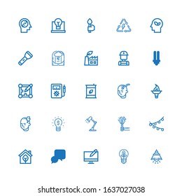 Editable 25 bulb icons for web and mobile. Set of bulb included icons line Lamp, Light, Graphic design, Idea, Eco, Torch, Desk lamp, Lightbulb, Mind, Eco fuel on white background