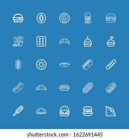 Editable 25 bun icons for web and mobile. Set of bun included icons line Sandwich, Hamburguer, Hamburger, Croissant, Hot dog, Hotdog, Baguette, Bagel, Burger on blue background