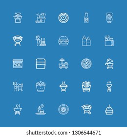 Editable 25 burger icons for web and mobile. Set of burger included icons line Burger, Grill, Chinese food, Fast food, Barbecue, Bbq, French fries, Onion rings on blue background
