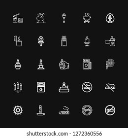 Editable 25 burn icons for web and mobile. Set of burn included icons line No smoking, Cigar, Candle, Explosion, Burner, Matches, Candles, Hose, Lighter, Flame on black background