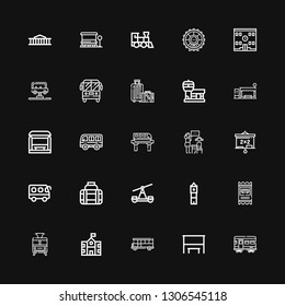 Editable 25 bus icons for web and mobile. Set of bus included icons line Train, Bus stop, School, ticket, Big ben, Transport, Blackboard, Lesson, Airport on black background