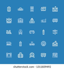 Editable 25 bus icons for web and mobile. Set of bus included icons line Bus stop, Vehicle, Transport, Train, School, London eye, Big ben, Blackboard, Minibus on blue background