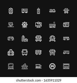 Editable 25 bus icons for web and mobile. Set of bus included icons line Subway, Metro, Bus stop, School, Train, School Transport, Vehicle, Travel on black background