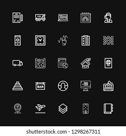 Editable 25 business icons for web and mobile. Set of business included icons line Appointment book, Smartphone, Layer, Take off, Bar, Keyboard, Online shop on black background