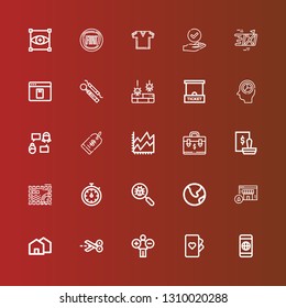 Editable 25 business icons for web and mobile. Set of business included icons line Smartphone, Cards, Analytics, Scissors, House, Online shopping, Earth, Virus search, Stopwatch on red