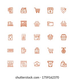 Editable 25 compra iconos para web y móvil. Juego de compras incluido íconos línea de compra Bolsa de compras, Atm, Bolsa, Método de pago, Tienda, Vector, Trole, Código de barras, Cesta de compras sobre fondo blanco