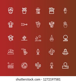 Editable 25 cactus icons for web and mobile. Set of cactus included icons line Desert, Cactus, Indian, Terrarium, Lasso, Wild west, Cowboy, Hanging pot, Prickly pear, Spur on red