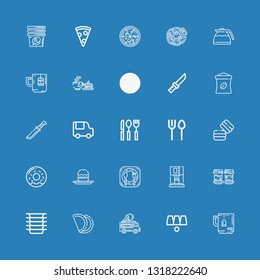 Editable 25 cafe icons for web and mobile. Set of cafe included icons line Mug, Cups, Ice cream truck, Pastry, Plates, Coffee cup, Coffee machine, Restaurant on blue background