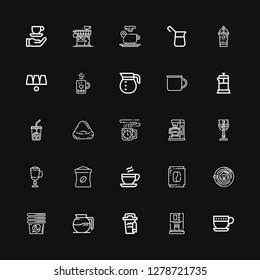 Editable 25 caffeine icons for web and mobile. Set of caffeine included icons line Cup, machine, Coffee cup, Coffee maker, Latte, Coffee, Coffee bag on black background