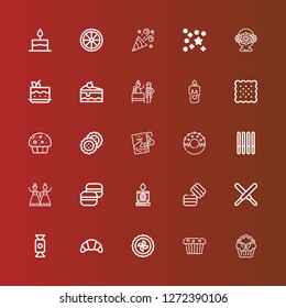 Editable 25 cake icons for web and mobile. Set of cake included icons line Cupcake, Muffin, Pie, Croissant, Candy, Chocolate, Macaron, Candle, Wedding, Cookie, Donut, Invitation on red