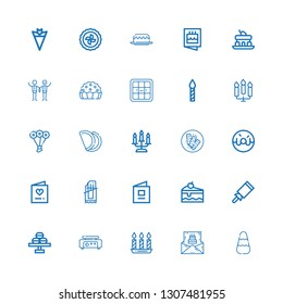 Editable 25 cake icons for web and mobile. Set of cake included icons line Candy, Birthday invitation, Candles, Crepe maker, Macaron, Cake, Baby book, Chocolate bar on white background