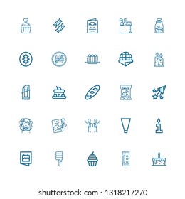 Editable 25 cake icons for web and mobile. Set of cake included icons line Birthday cake, Candy, Cupcake, Sweet, Invitation, Candle, Piping bag, Wedding, Bride on white background