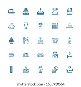 Editable 25 cake icons for web and mobile. Set of cake included icons line Cupcake, Macaron, Cookies, Cake, Churros, Food, Crepe maker, Candle, Muffin, Wedding on white background