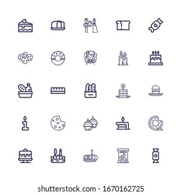 Editable 25 cake icons for web and mobile. Set of cake included icons line Candy, Snack, Roll cake, Candle, Donut, Birthday Cupcake, Cookie, Profiterole on white background