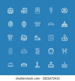Editable 25 cake icons for web and mobile. Set of cake included icons line Cake, Pie, Candle, Bread, Bun, Wedding, Bride, Chocolate, Onigiri, Baguettes, Birthday card on blue background