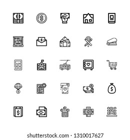 Editable 25 calculator icons for web and mobile. Set of calculator included icons line Abacus, Bill, Money, Calculator, Trolley, Strongbox, School, Staple on white background