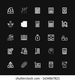 Editable 25 calculator icons for web and mobile. Set of calculator included icons line Money, Calculator, School, Trolley, Bill, Mortgage, Online banking, Taxes on black background
