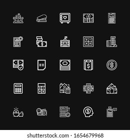 Editable 25 calculator icons for web and mobile. Set of calculator included icons line Tax, Money, Budget, Bill, Calculate, Calculator, Real estate, School on black background
