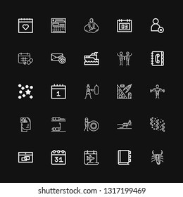 Editable 25 calendar icons for web and mobile. Set of calendar included icons line Scorpion, Appointment book, Calendar, Confetti, Fitness, Health, Stationery on black background